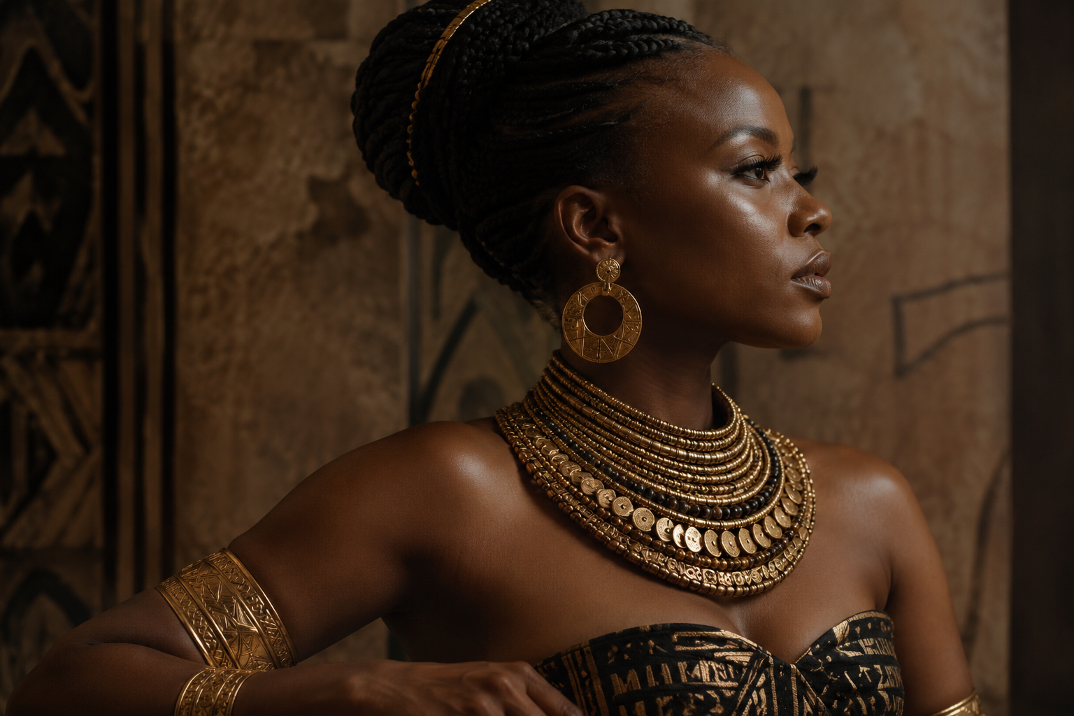 African queen wearing gold collar necklace, earrings and cuff