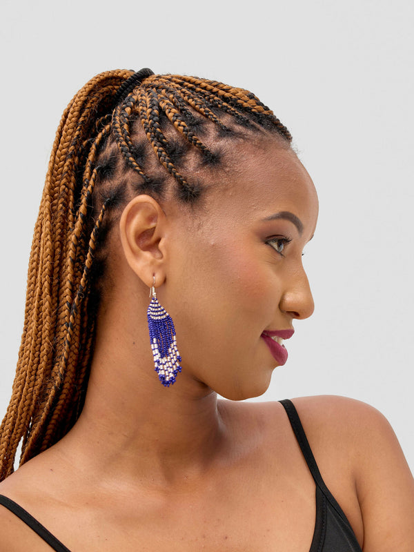 Blue and white beaded fringe earrings