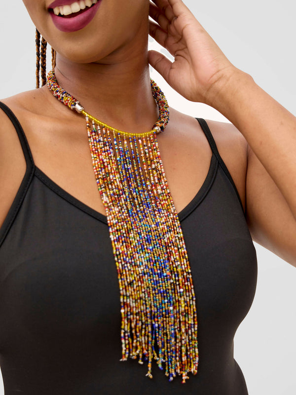 Multi-coloured beaded waterfall necklace