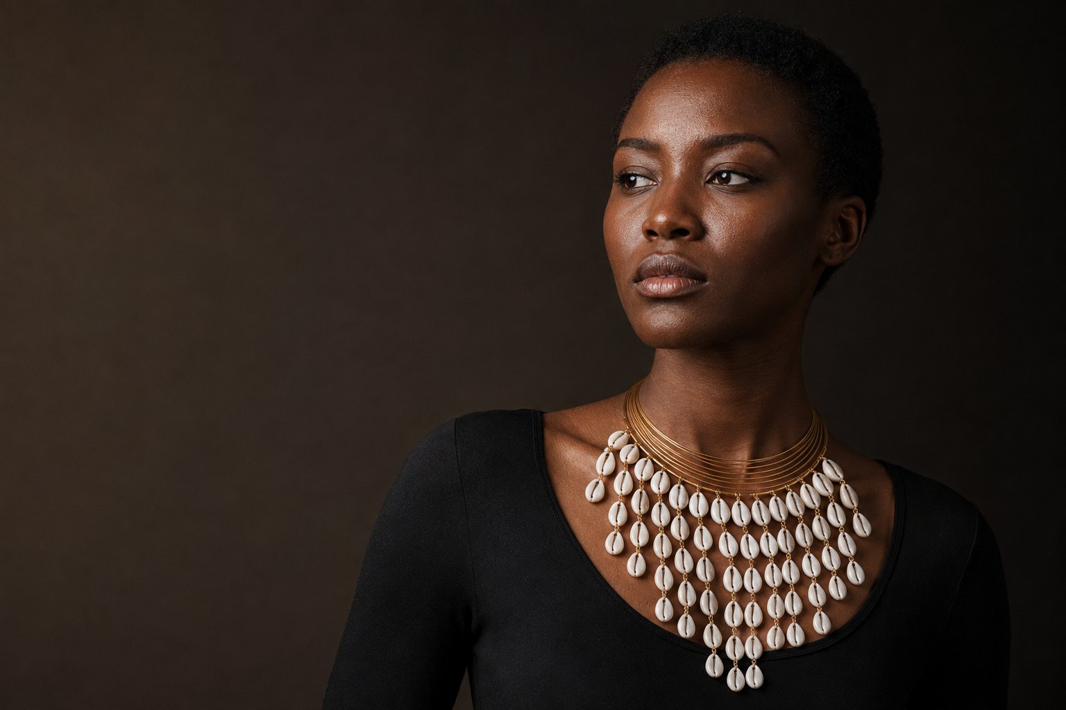 African queen wearing gold collar necklace, earrings and cuff