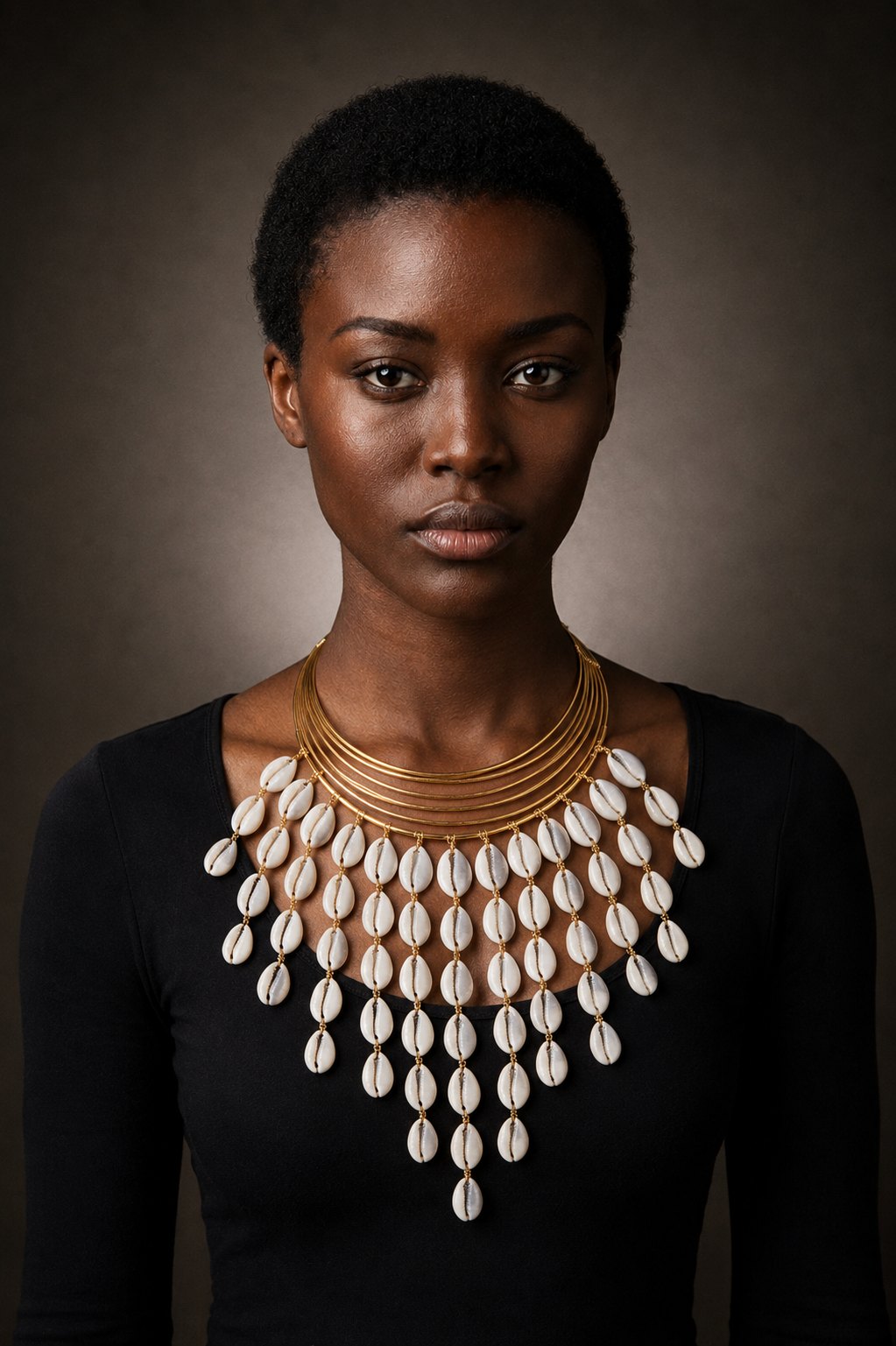 Model wearing the Cowrie Waterfall Collar
