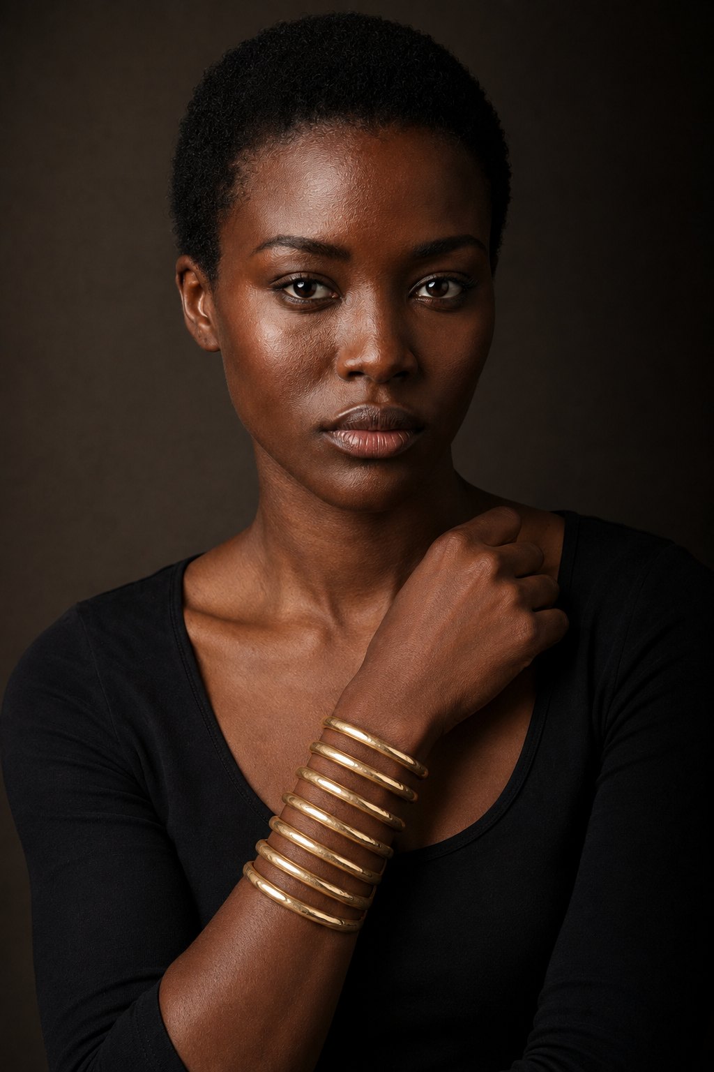 Model wearing a stack of hammered brass bangles