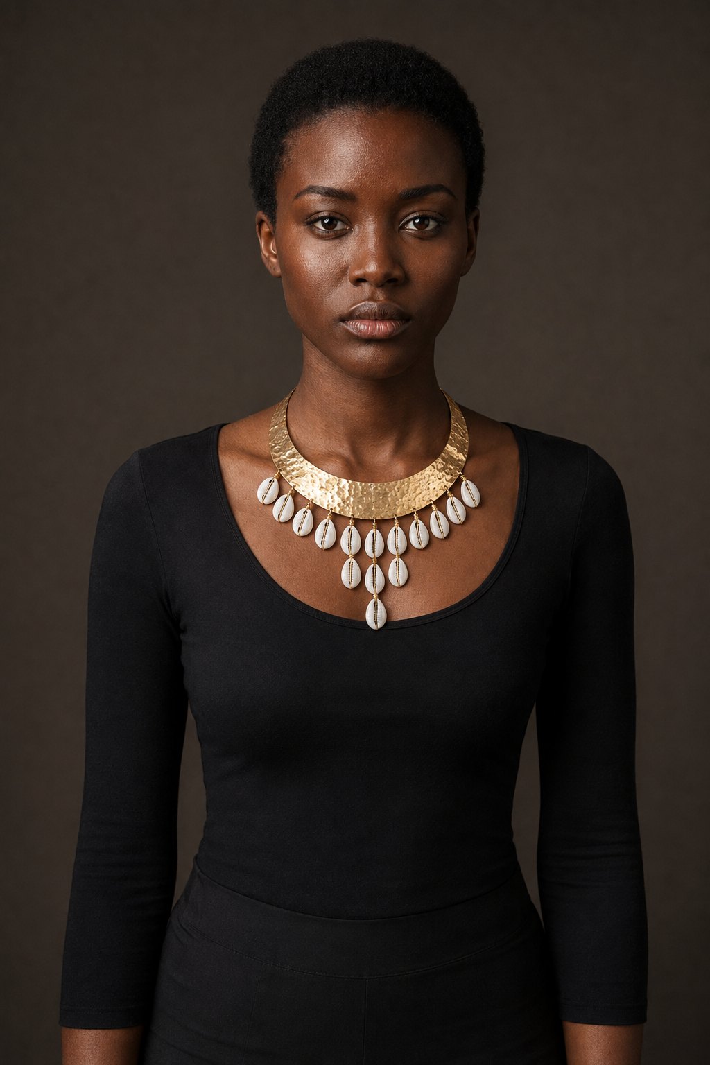 Model wearing the Hammered Moon Collar