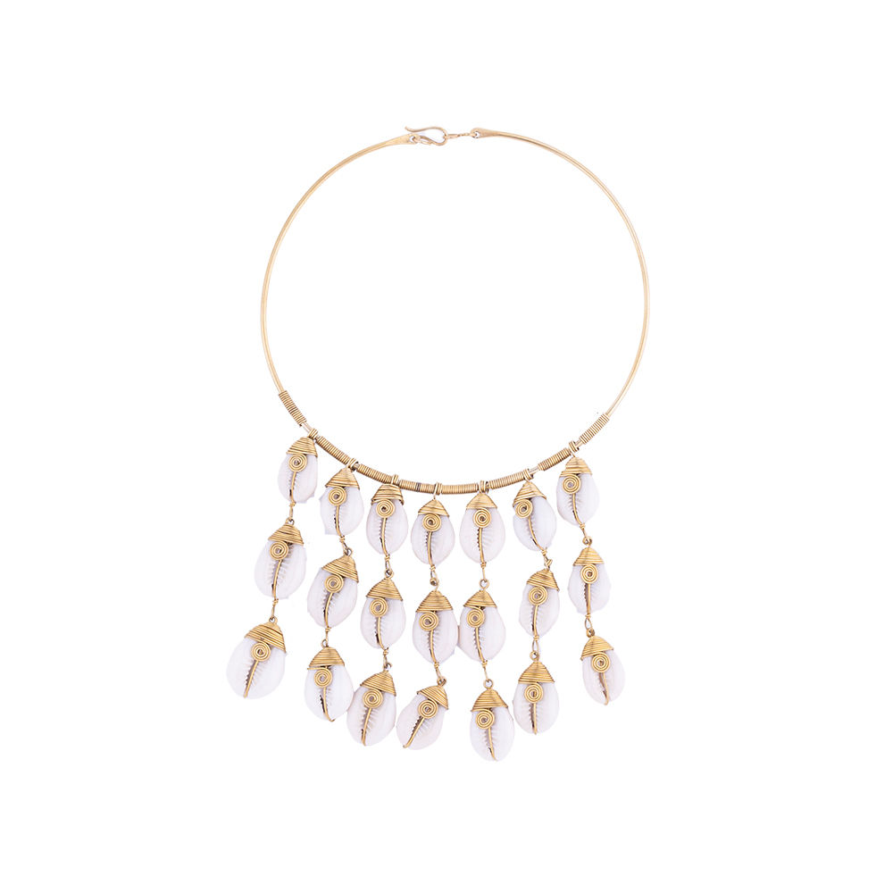 Brass collar with three rows of cowrie drops