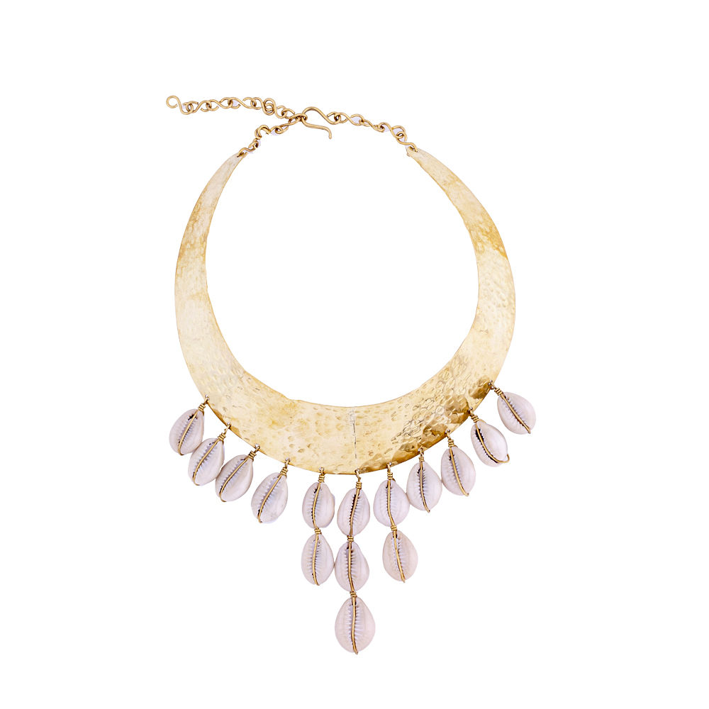 Hammered brass crescent collar with cowrie fringe